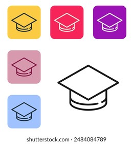 Black line Graduation cap icon isolated on white background. Graduation hat with tassel icon. Set icons in color square buttons. Vector