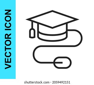Black line Graduation cap with mouse icon isolated on white background. World education symbol. Online learning or e-learning concept.  Vector