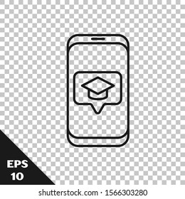 Black line Graduation cap on screen smartphone icon isolated on transparent background. Online learning or e-learning concept.  Vector Illustration