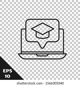 Black line Graduation cap on screen laptop icon isolated on transparent background. Online learning or e-learning concept.  Vector Illustration