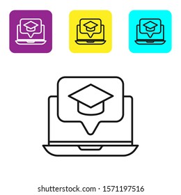 Black line Graduation cap on screen laptop icon isolated on white background. Online learning or e-learning concept. Set icons colorful square buttons. Vector Illustration
