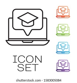 Black line Graduation cap on screen laptop icon isolated on white background. Online learning or e-learning concept. Set icons colorful. Vector Illustration