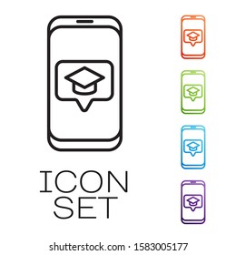 Black line Graduation cap on screen smartphone icon isolated on white background. Online learning or e-learning concept. Set icons colorful. Vector Illustration