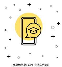 Black line Graduation cap on screen smartphone icon isolated on white background. Online learning or e-learning concept. Random dynamic shapes. Vector