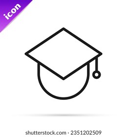 Límite de graduación de línea negra en icono de globo aislado en fondo blanco. Símbolo mundial de la educación. Aprendizaje en línea o concepto de e-learning.  Ilustración vectorial
