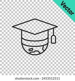 Black line Graduation cap on globe icon isolated on transparent background. World education symbol. Online learning or e-learning concept.  Vector