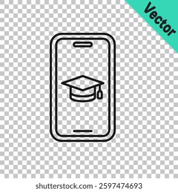 Black line Graduation cap on screen smartphone icon isolated on transparent background. Online learning or e-learning concept.  Vector