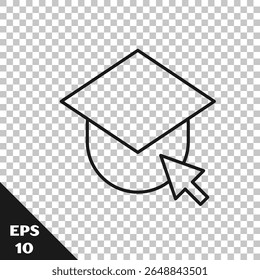 Black line Graduation cap on globe icon isolated on transparent background. World education symbol. Online learning or e-learning concept.  Vector Illustration