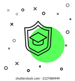 Schwarze Graduationskappe mit Schild Symbol einzeln auf weißem Hintergrund. Versicherungskonzept. Sicherheit, Sicherheit, Schutz, Schutzkonzept.  Vektorgrafik