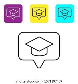 Black line Graduation cap in speech bubble icon isolated on white background. Graduation hat with tassel icon. Set icons colorful square buttons. Vector Illustration
