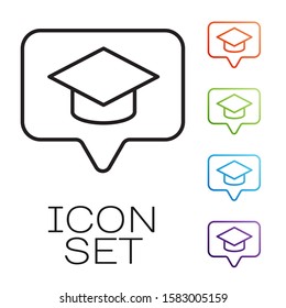 Black line Graduation cap in speech bubble icon isolated on white background. Graduation hat with tassel icon. Set icons colorful. Vector Illustration