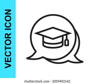 Black line Graduation cap in speech bubble icon isolated on white background. Graduation hat with tassel icon.  Vector