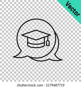 Black line Graduation cap in speech bubble icon isolated on transparent background. Graduation hat with tassel icon.  Vector