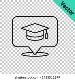Black line Graduation cap in speech bubble icon isolated on transparent background. Graduation hat with tassel icon.  Vector
