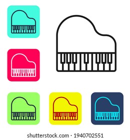 Black line Grand piano icon isolated on white background. Musical instrument. Set icons in color square buttons. Vector