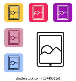 Black line Graphic tablet icon isolated on white background. Set icons in color square buttons. Vector Illustration