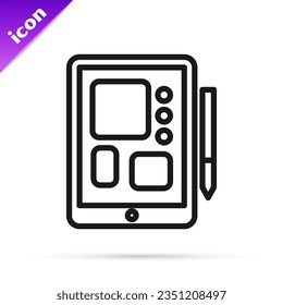 Black line Graphic tablet icon isolated on white background.  Vector Illustration
