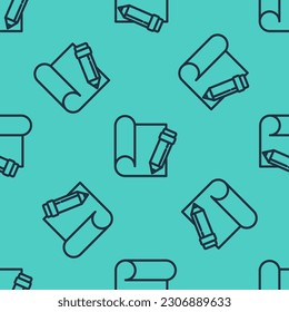Black line Graphing paper for engineering and pencil icon isolated seamless pattern on green background.  Vector Illustration