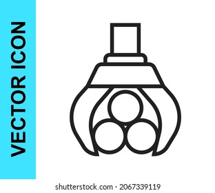 Schwarzer Grappelkran schnappte sich ein Protokollsymbol einzeln auf weißem Hintergrund. Forstwirtschaft. Industriekranich für die Holzfällholzherstellung.  Vektorgrafik