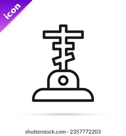 Black line Grave with cross icon isolated on white background.  Vector