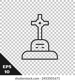 Black line Grave with cross icon isolated on transparent background.  Vector