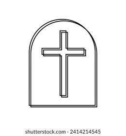 Black line grave tombstone with cross outline icon flat vector design