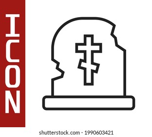 Black line Grave with tombstone icon isolated on white background.  Vector