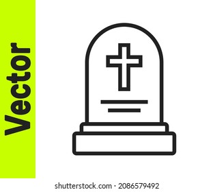 Black line Grave with tombstone icon isolated on white background.  Vector