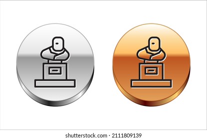 Black line Grave with tombstone icon isolated on white background. Silver-gold circle button. Vector