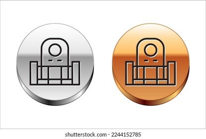 Black line Grave with tombstone icon isolated on white background. Silver-gold circle button. Vector