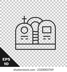 Black line Grave with tombstone icon isolated on transparent background.  Vector