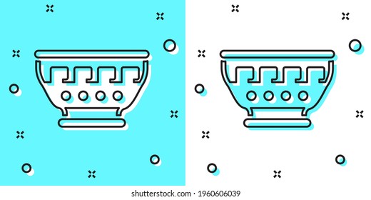 Black line Greek ancient bowl icon isolated on blue and white background. Antique amphora with pattern collection. Ancient Greece bowl. Random dynamic shapes. Vector