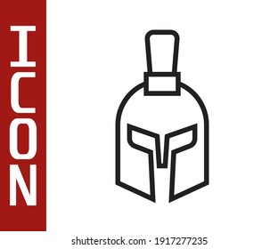 Black line Greek helmet icon isolated on white background. Antiques helmet for head protection soldiers with a crest of feathers or horsehair.  Vector