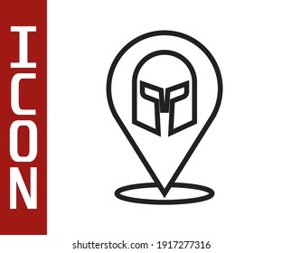 Black line Greek helmet icon isolated on white background. Antiques helmet for head protection soldiers with a crest of feathers or horsehair.  Vector