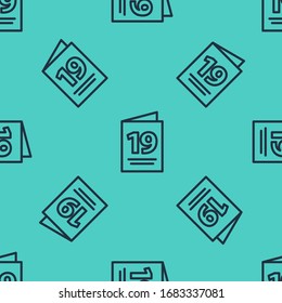 Black line Greeting card with Happy Easter icon isolated seamless pattern on green background. Celebration poster template for invitation or greeting card.  Vector Illustration
