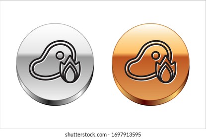 Black line Grilled steak meat and fire flame icon isolated on white background. Silver-gold circle button. Vector Illustration