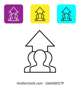 Black line Growth chart and progress in people crowd icon isolated on white background. Arrow finance up. Businessman of success. Set icons colorful square buttons. Vector Illustration
