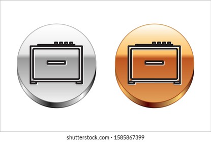 Black line Guitar amplifier icon isolated on white background. Musical instrument. Silver-gold circle button. Vector Illustration