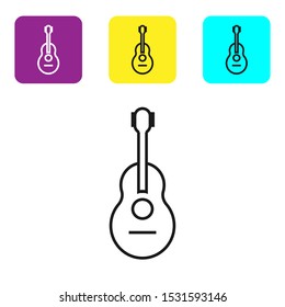 Black line Guitar icon isolated on white background. Acoustic guitar. String musical instrument. Set icons colorful square buttons. Vector Illustration