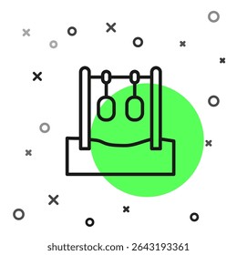 Linha preta Ícone de anéis de ginástica isolado no fundo branco. Equipamento de playground com corda pendurada com anéis.  Vetor