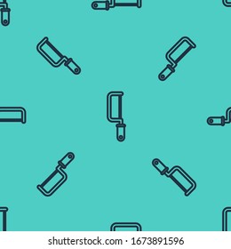 Black line Hacksaw icon isolated seamless pattern on green background. Metal saw for wood and metal.  Vector Illustration