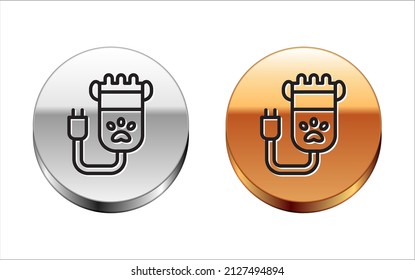 Black line Hair clipper accessories for pet grooming icon isolated on white background. Silver-gold circle button. Vector