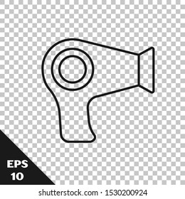 Black line Hair dryer icon isolated on transparent background. Hairdryer sign. Hair drying symbol. Blowing hot air.  Vector Illustration