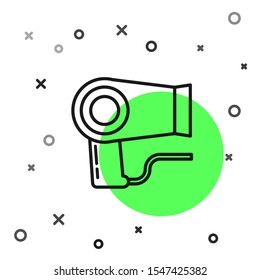 Black line Hair dryer icon isolated on white background. Hairdryer sign. Hair drying symbol. Blowing hot air.  Vector Illustration
