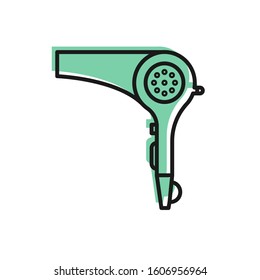 Black line Hair dryer icon isolated on white background. Hairdryer sign. Hair drying symbol. Blowing hot air.  Vector Illustration