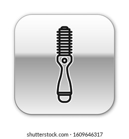Black line Hair dryer icon isolated on white background. Hairdryer sign. Hair drying symbol. Blowing hot air. Silver square button. Vector Illustration