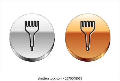 Black line Hairbrush icon isolated on white background. Comb hair sign. Barber symbol. Silver-gold circle button. Vector Illustration