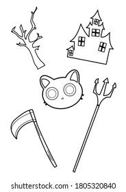 Black line halloween elements, such as cat, castle, dry tree, sickle and trident. Hand drawn cute cartoon festival holiday. Doodle for coloring, decoration or any design. Vector illustration of kid.