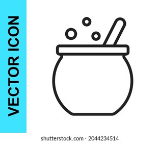 Black line Halloween witch cauldron icon isolated on white background. Happy Halloween party.  Vector