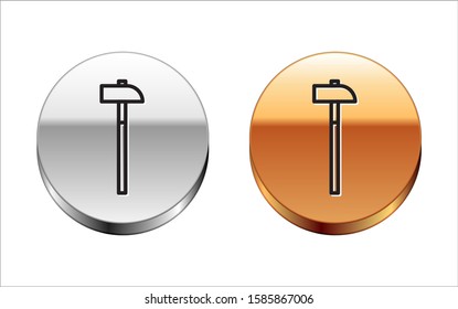 Black line Hammer icon isolated on white background. Tool for repair. Silver-gold circle button. Vector Illustration